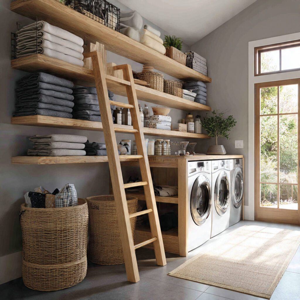 23 Creative Laundry Room Shelves to Maximize Space and Style 20 Ladder Shelves with Open Racks