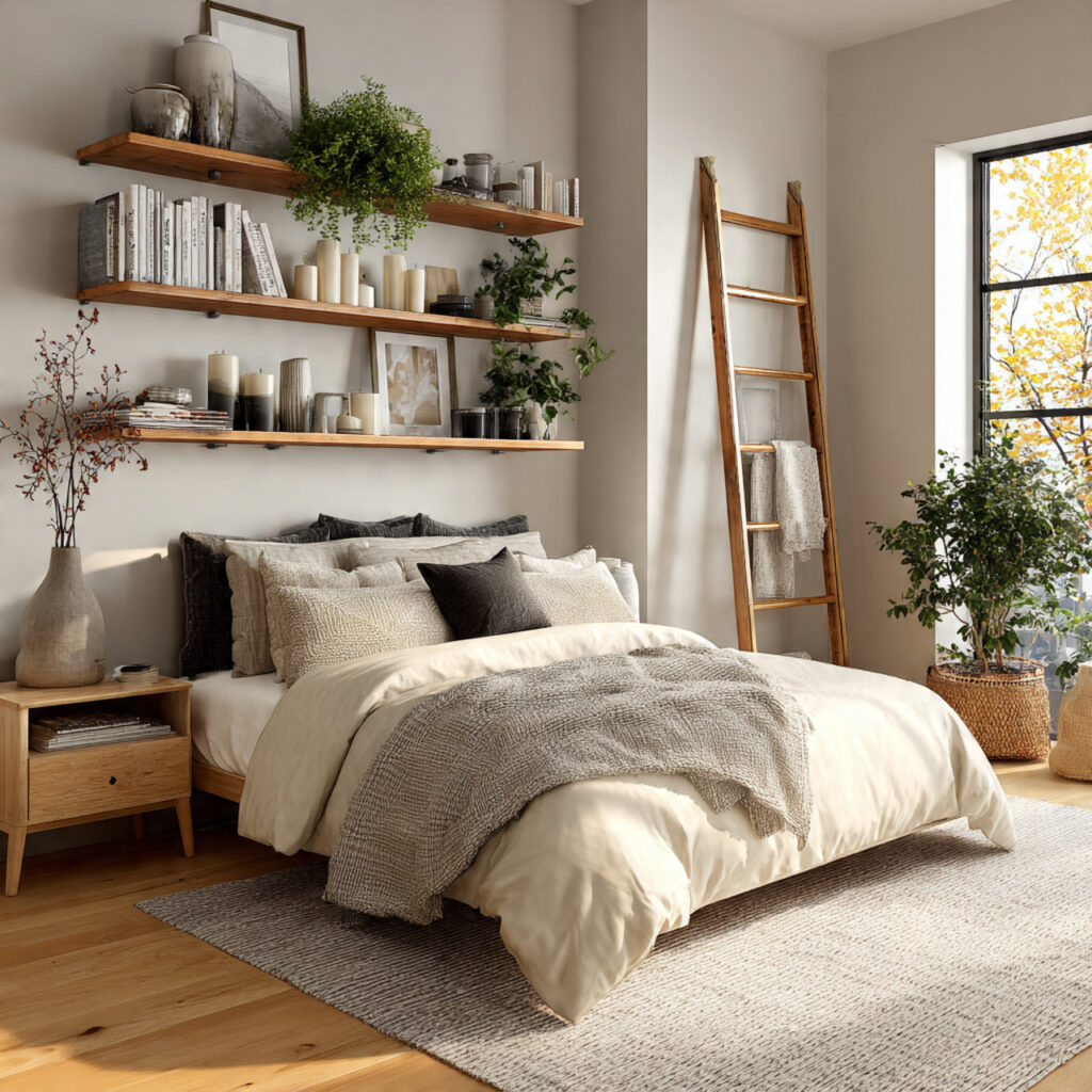 25 Stylish Bedroom Bookshelves Ideas to Transform Your Space Beautifully 5 Ladder-Style Shelves