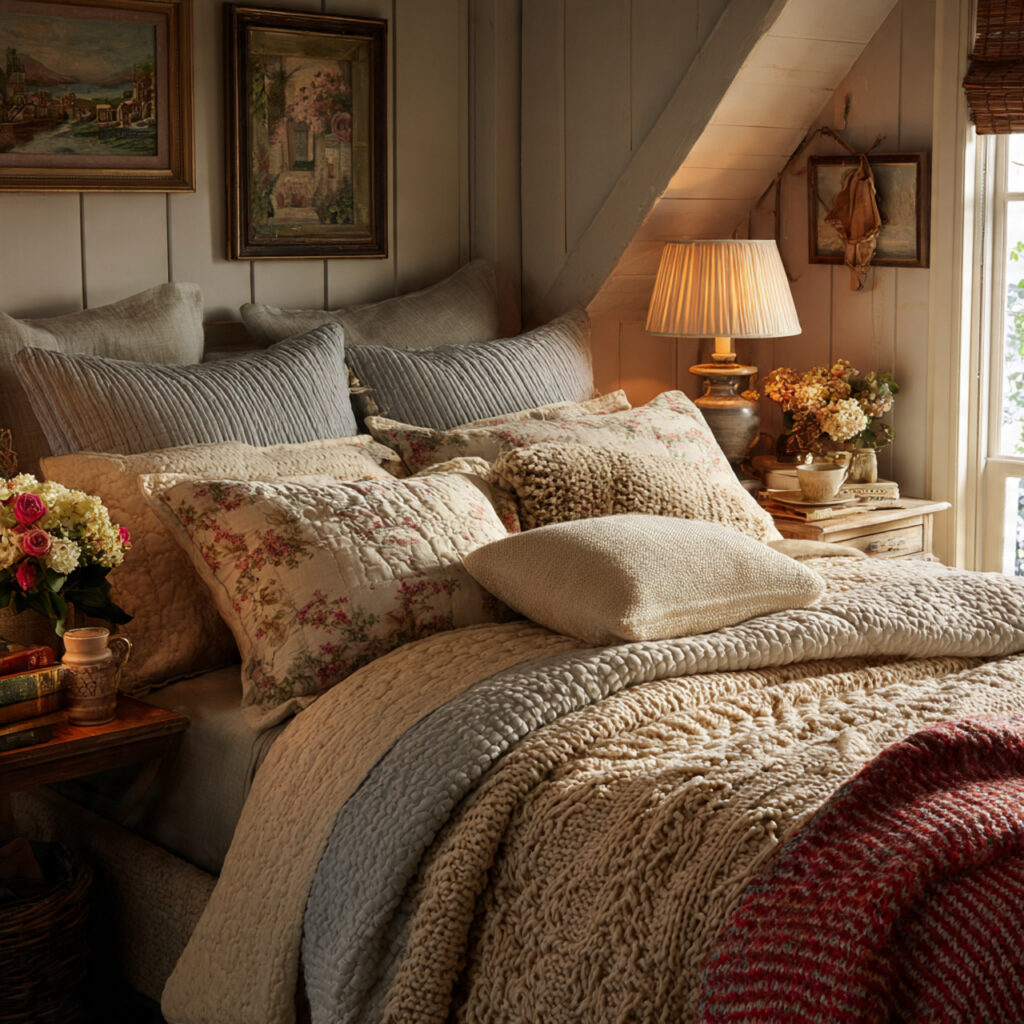 25 Charming English Cottage Bedroom with These Décor Tips 2 Layered Bedding