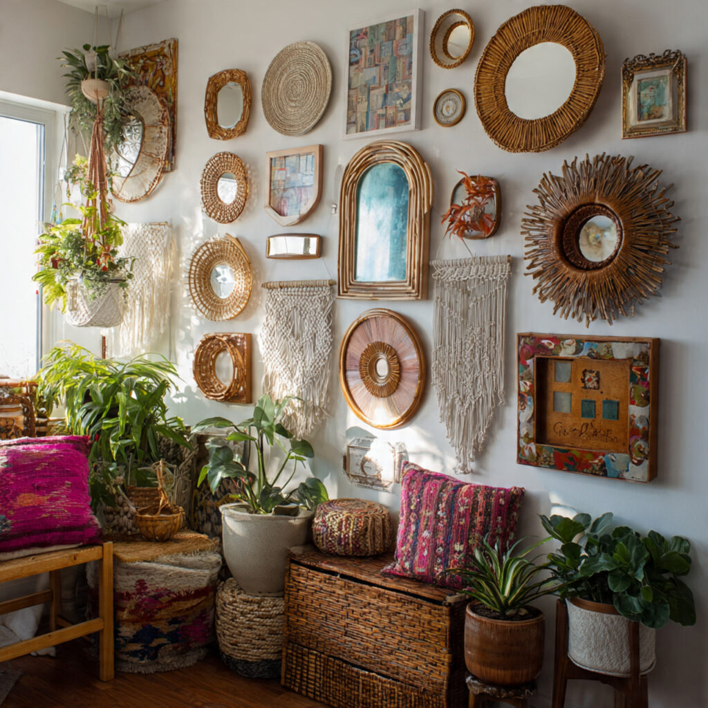 23 Stunning Boho Mirror Ideas to Elevate Every Room Instantly 11 Layered Mirror Wall for Boho Maximalism