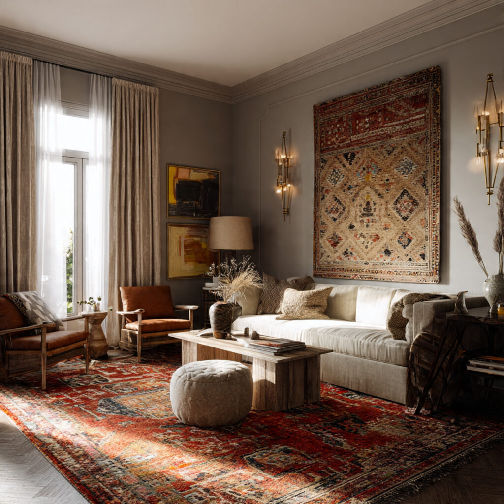 25 Maximalist Living Room Ideas: Bold Colors, Patterns & Statement Pieces 5 Layered Rugs