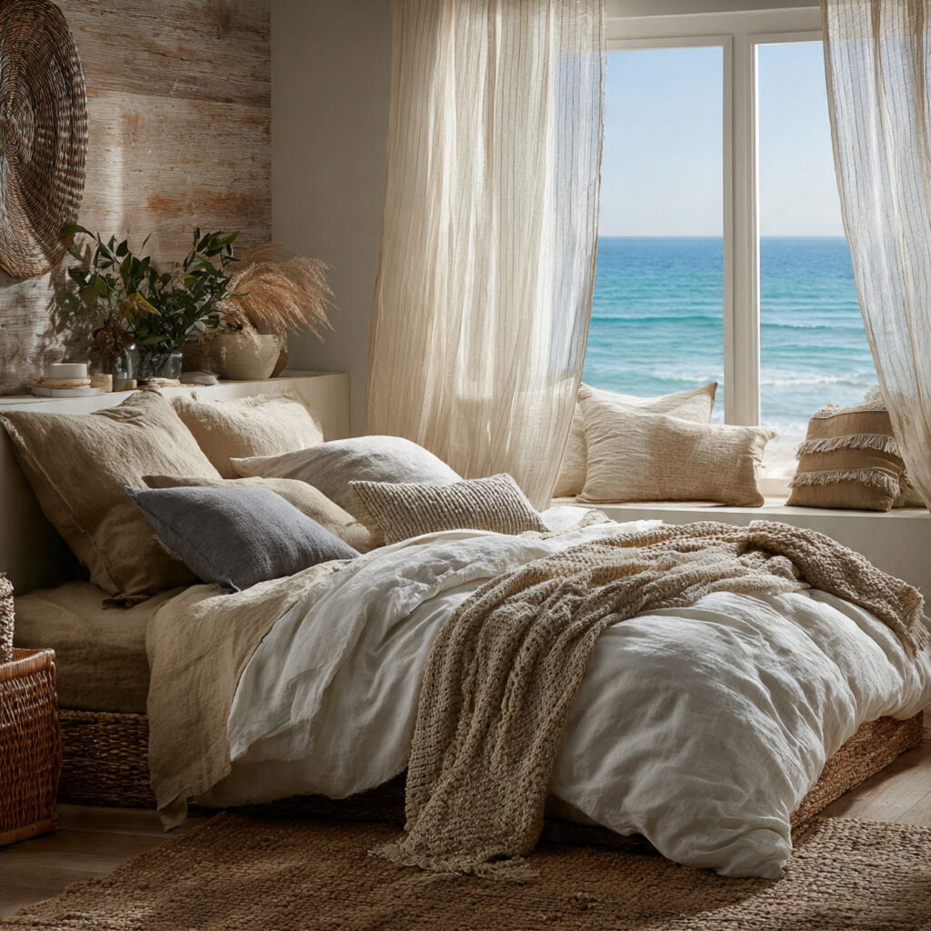 25 Beachy Bedroom Ideas to Create a Calm, Coastal Escape at Home 4 Linen Bedding Layers