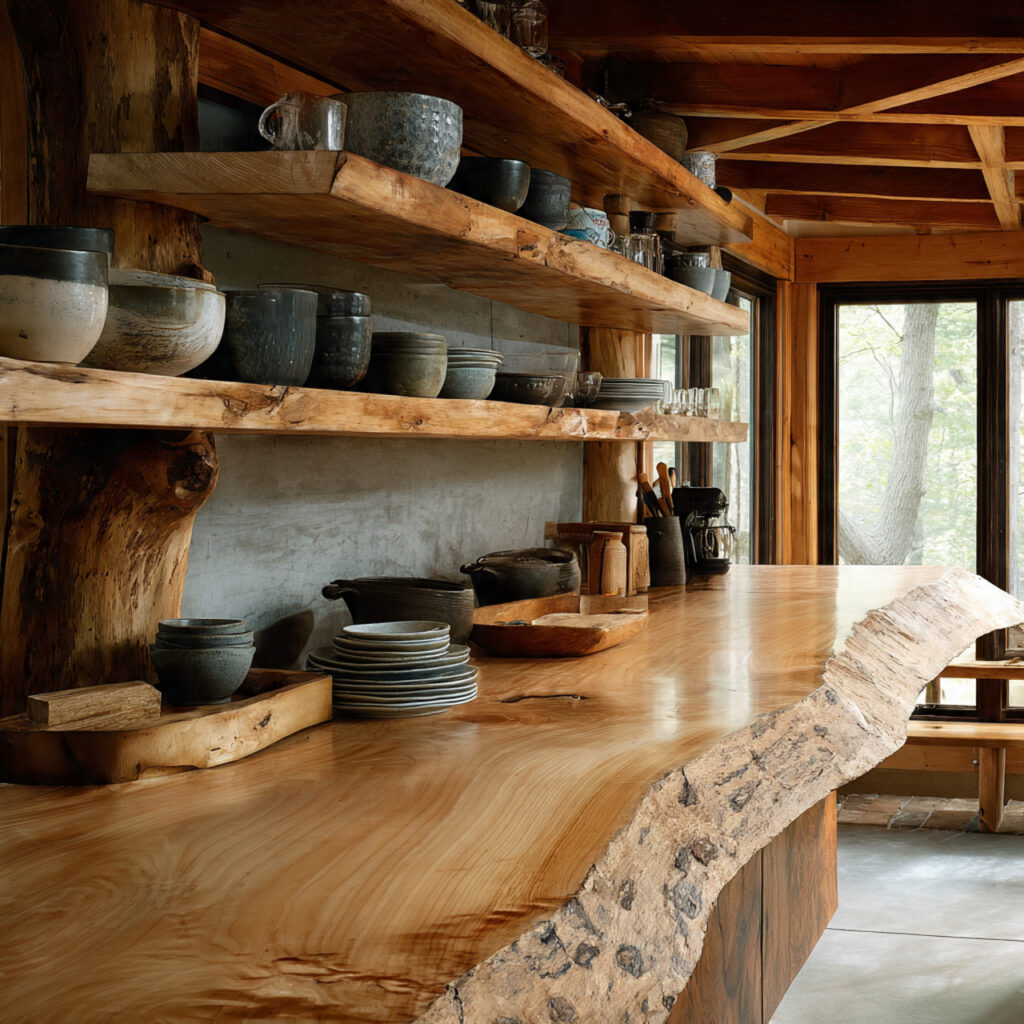 25 Earthy Kitchen Design Ideas That Bring Warmth and Natural Beauty Home 22 Live-Edge Counter or Shelves