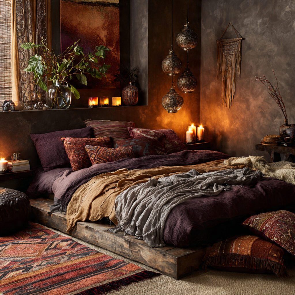 25 Dark Boho Bedroom Ideas for a Cozy, Moody & Stylish Retreat 7 Low-Profile Bed