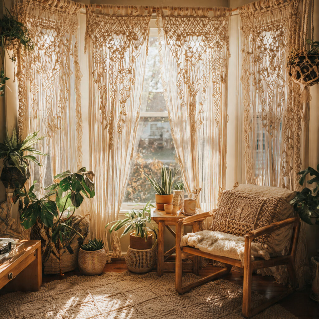 25 Boho Curtains Inspiration: Patterns, Colors & Unique Designs 2 Macramé Panels for a Handmade Touch