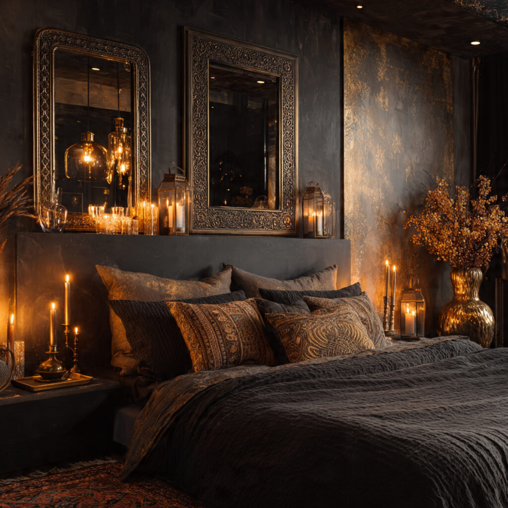 25 Dark Boho Bedroom Ideas for a Cozy, Moody & Stylish Retreat 11 Metallic Accents
