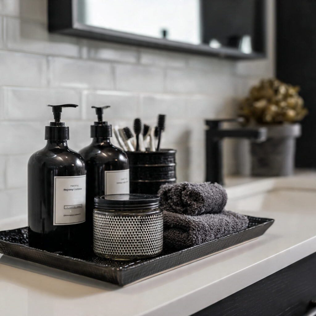 25 Best Bathroom Tray Decor Ideas to Instantly Transform Your Space 21 Minimal Black and White Tray