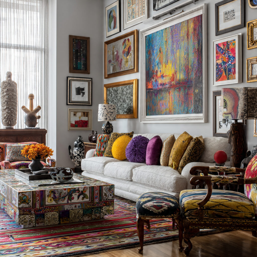 25 Maximalist Living Room Ideas: Bold Colors, Patterns & Statement Pieces 21 Mix Art Styles
