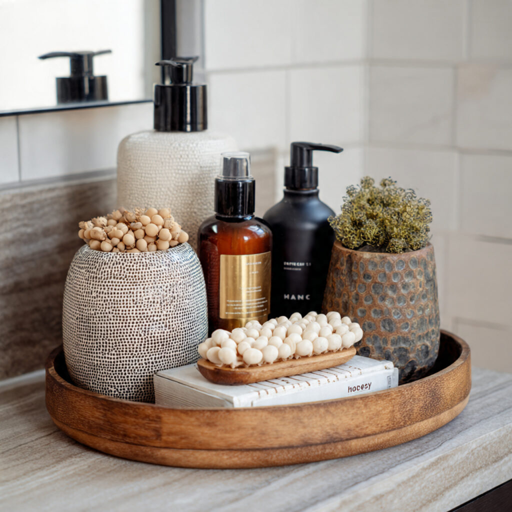 25 Best Bathroom Tray Decor Ideas to Instantly Transform Your Space 24 Mixed-Material Tray for Layered Style