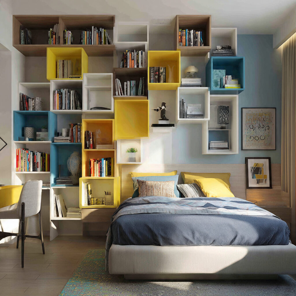 25 Stylish Bedroom Bookshelves Ideas to Transform Your Space Beautifully 22 Mix-and-Match Shelf Heights