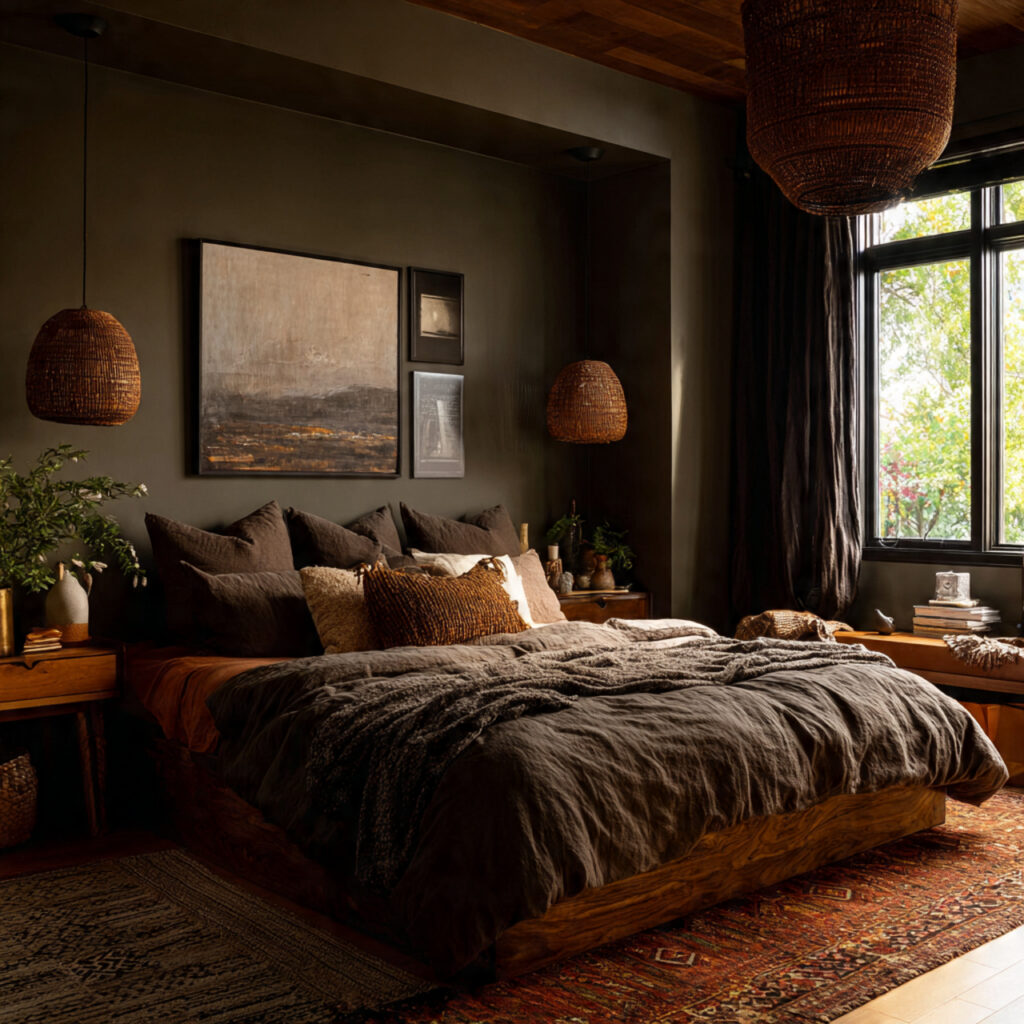 25 Dark Boho Bedroom Ideas for a Cozy, Moody & Stylish Retreat 2 Moody Earth-Tone Color Palette