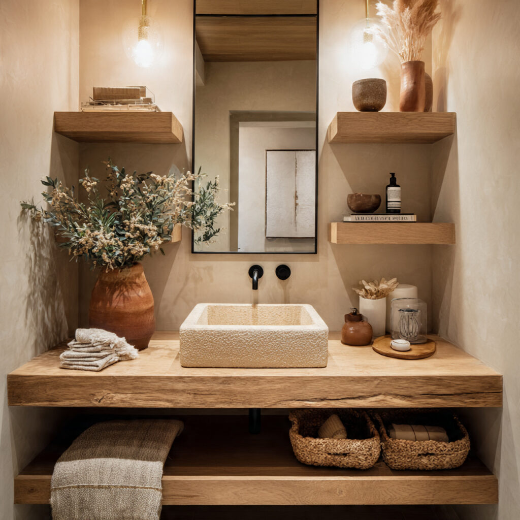 25 Stunning Powder Room Makeover Ideas to Transform Your Small Space 7 Natural Wood Touches