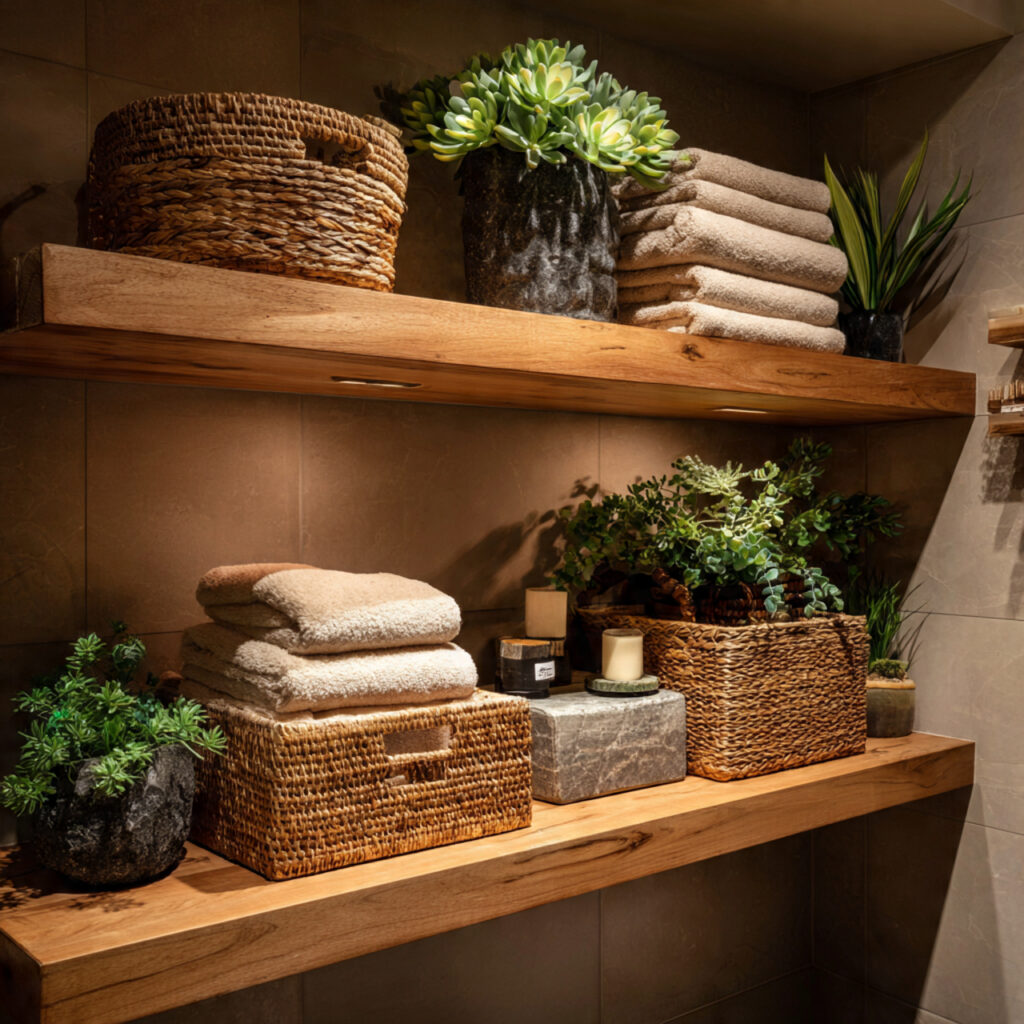 25 Bathroom Shelf Decor Ideas to Refresh Your Space Instantly 2 Natural Wood Warmth