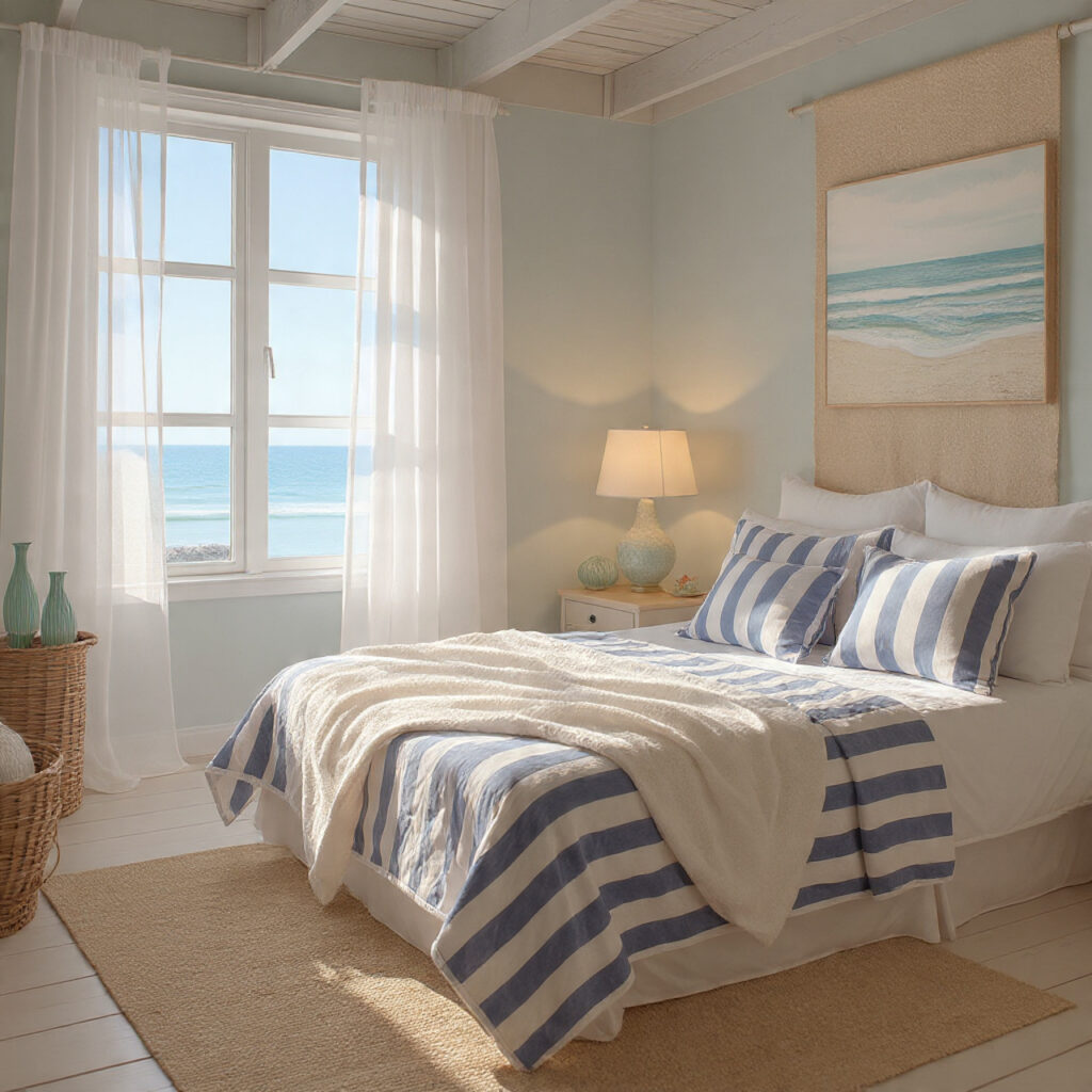 25 Beachy Bedroom Ideas to Create a Calm, Coastal Escape at Home 9 Nautical-Striped Elements