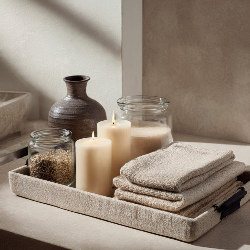 25 Best Bathroom Tray Decor Ideas to Instantly Transform Your Space 20 Neutral Linen Tray with Soft Textures