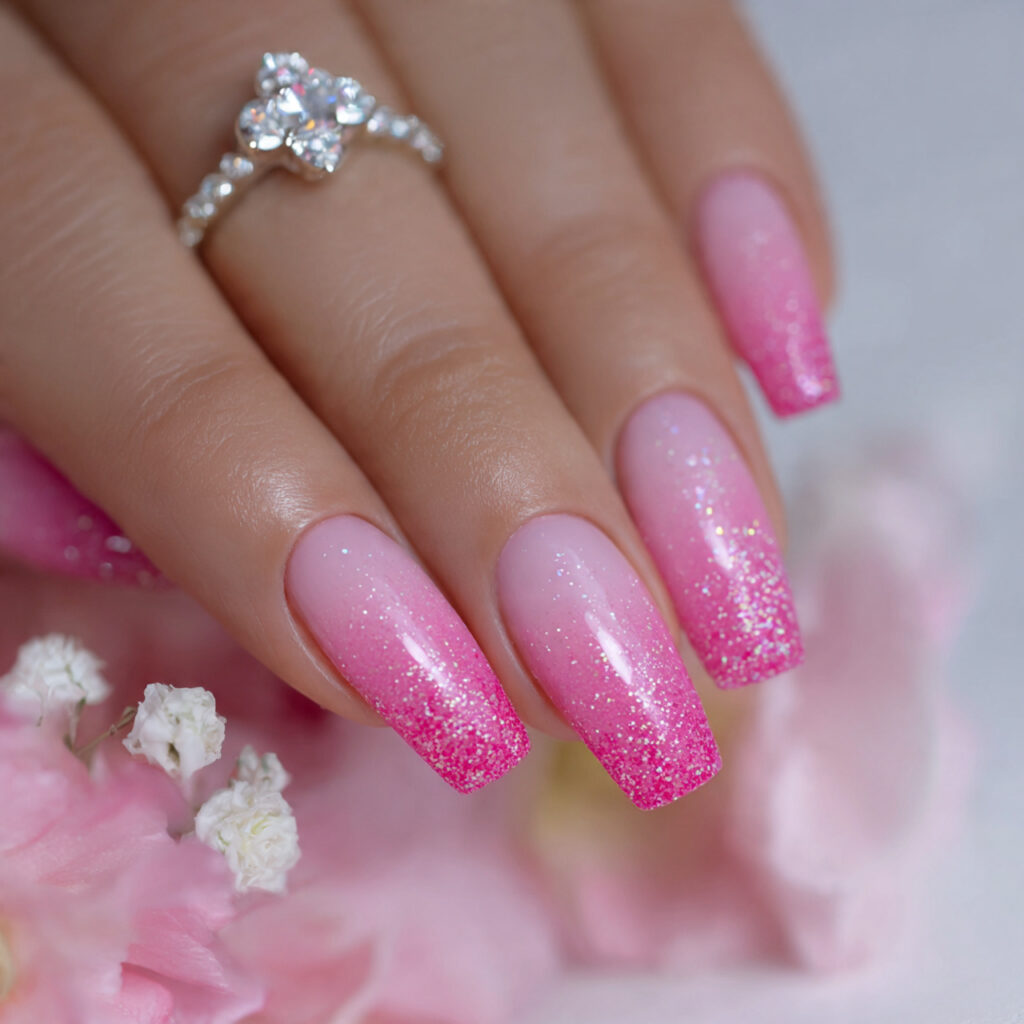 22 Perfect Pink Wedding Nail Ideas for Your Big Day 19 Ombre Pink with Glitter