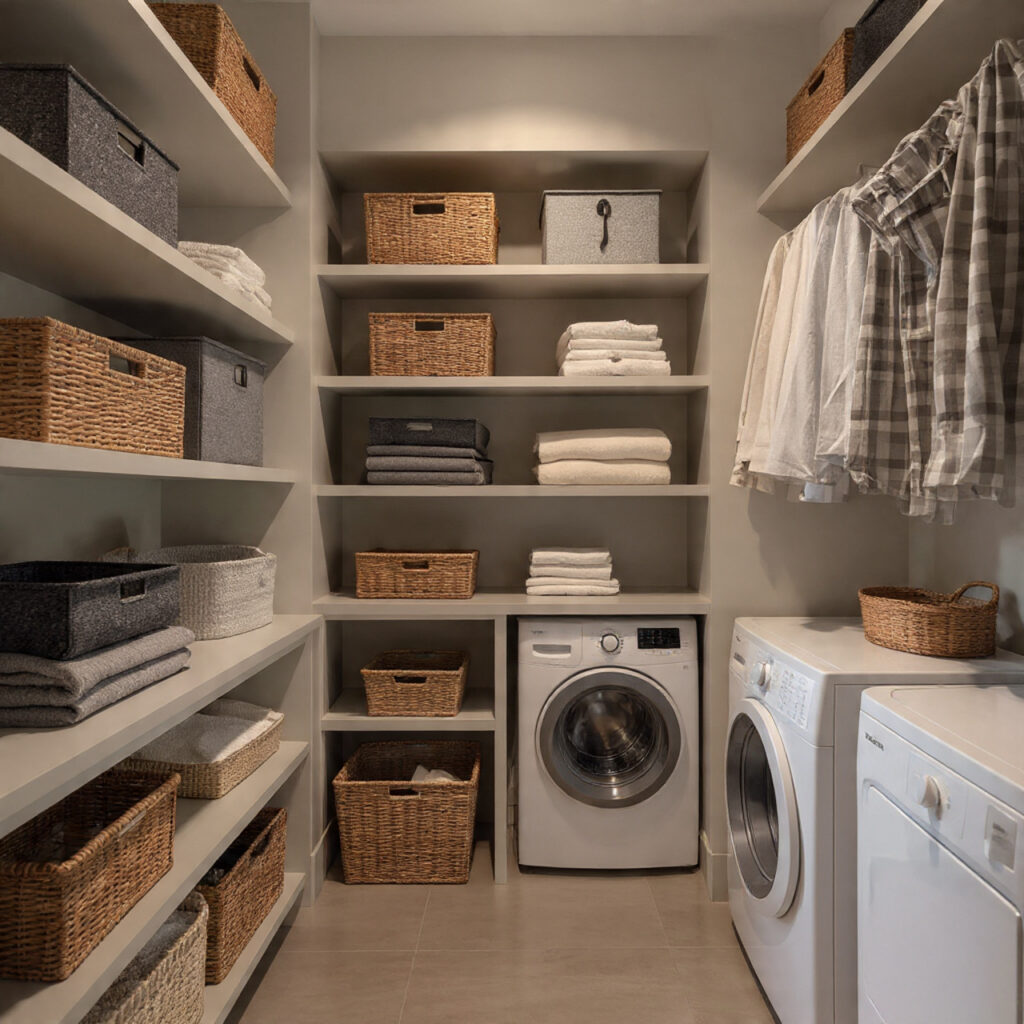 23 Creative Laundry Room Shelves to Maximize Space and Style 13 Open Shelves with Decorative Baskets