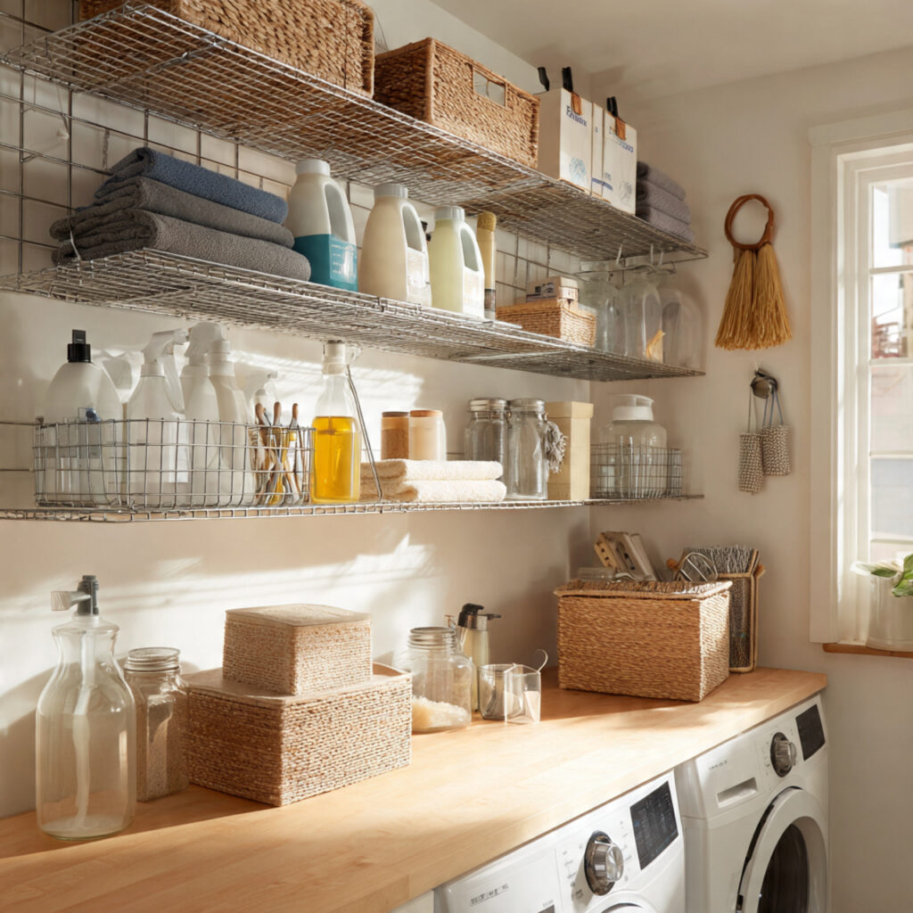 23 Creative Laundry Room Shelves to Maximize Space and Style 5 Open Wire Shelving for Maximum Airflow