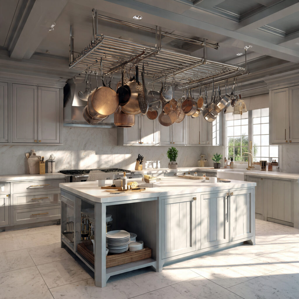 25 Creative Kitchen Storage Solutions for Every Home 5 Over-the-Island Hanging Rack