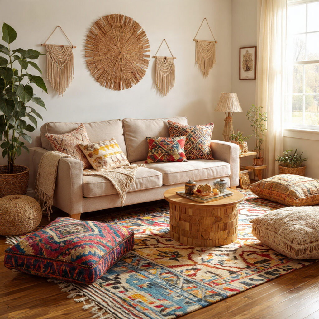 24 Boho Living Room Ideas for a Cozy, Stylish & Creative Home Space 5 Oversized Floor Cushions and Poufs