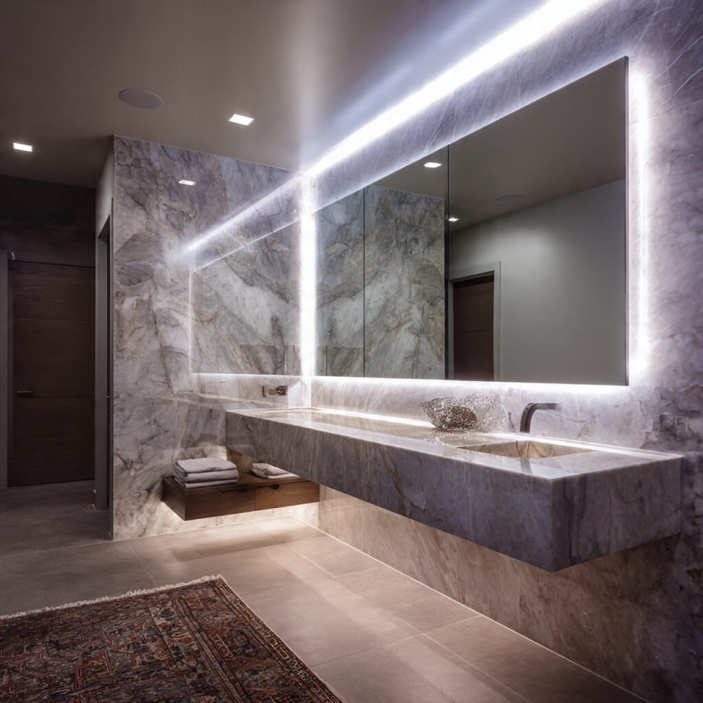 25 Stunning Powder Room Makeover Ideas to Transform Your Small Space 5 Oversized Mirror Illusion