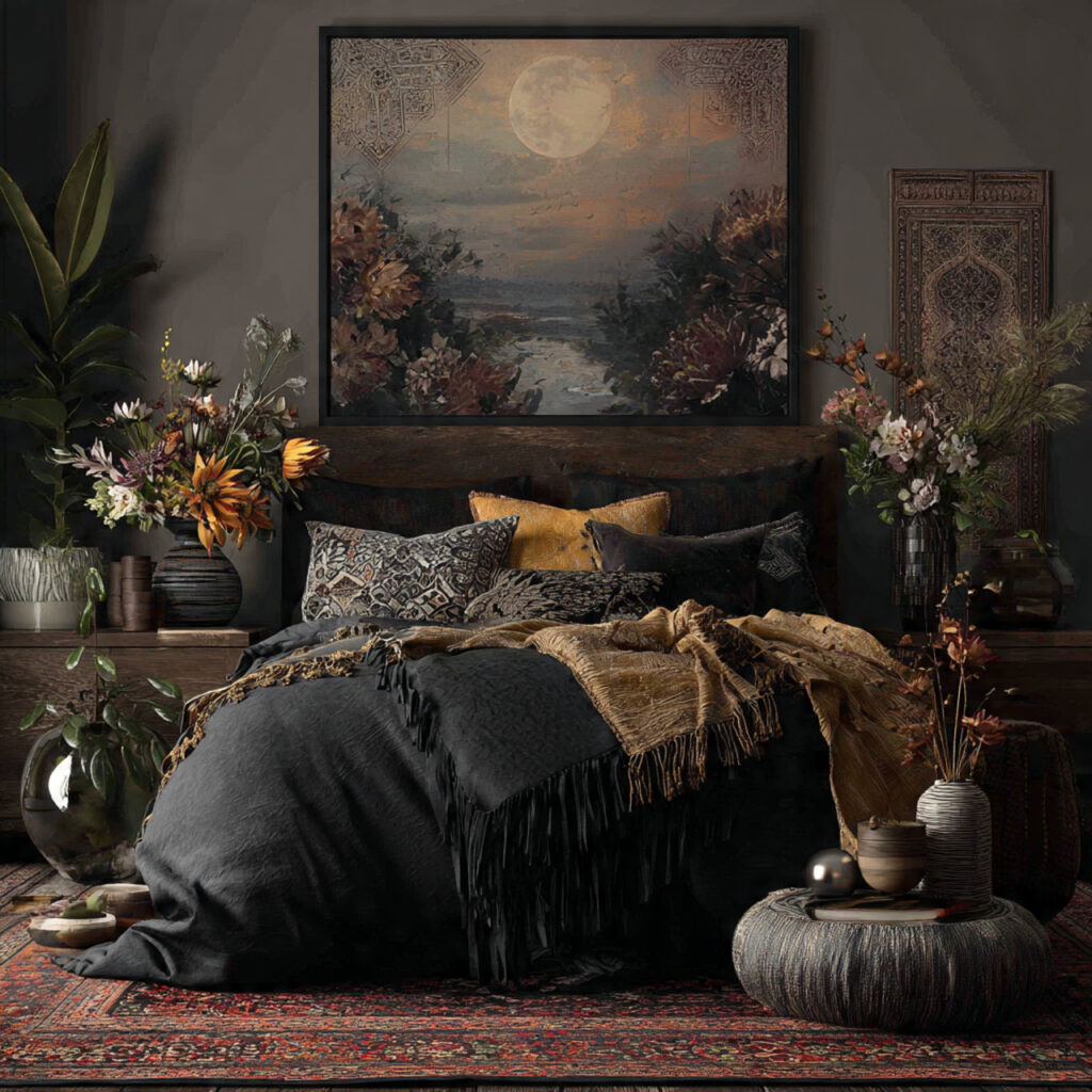 25 Dark Boho Bedroom Ideas for a Cozy, Moody & Stylish Retreat 5 Oversized Wall Art
