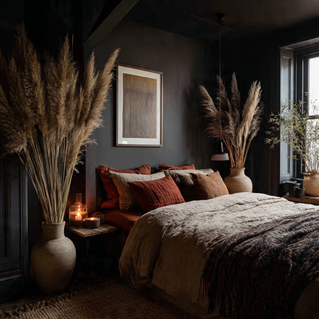 25 Dark Boho Bedroom Ideas for a Cozy, Moody & Stylish Retreat 10 Pampas Grass Decor