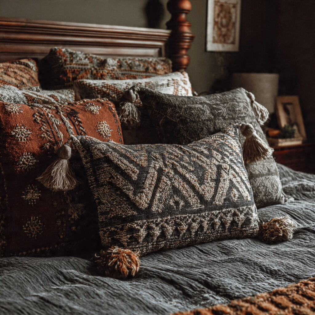 25 Dark Boho Bedroom Ideas for a Cozy, Moody & Stylish Retreat 6 Patterned Accent Pillows