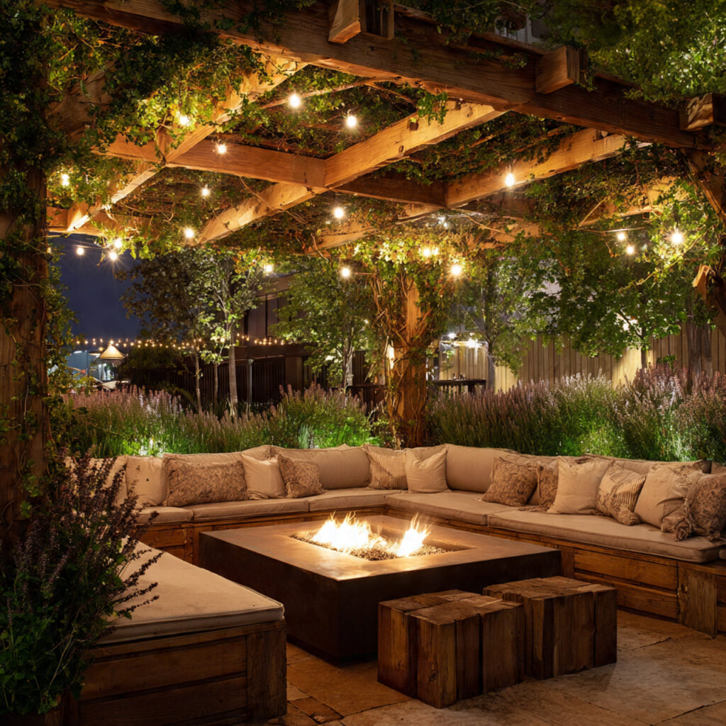 25 Fire Pit Landscaping Designs That Elevate Your Backyard Instantly 14 Pergola-Covered Fire Area