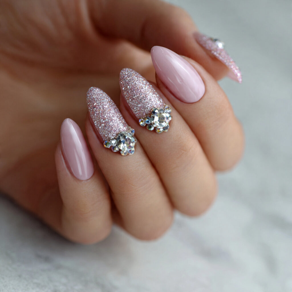 22 Perfect Pink Wedding Nail Ideas for Your Big Day 10 Pink Nails with Rhinestones