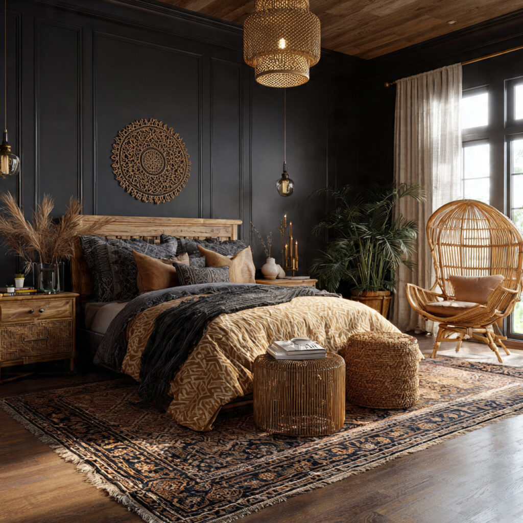25 Dark Boho Bedroom Ideas for a Cozy, Moody & Stylish Retreat 23 Rattan Accents
