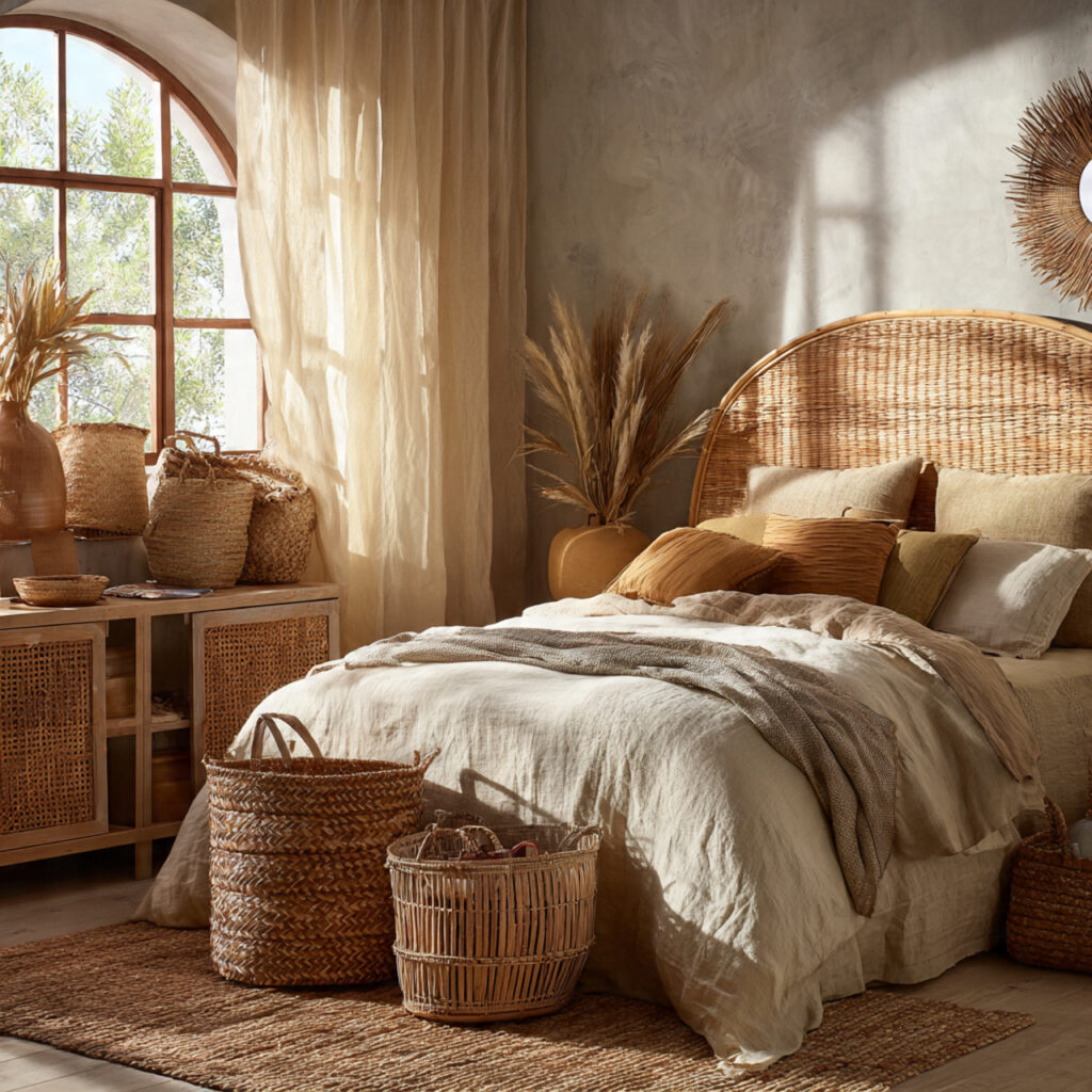 25 Breezy Summer Bedroom Inspiration for a Light and Airy Retreat 10 Rattan and Wicker Accents