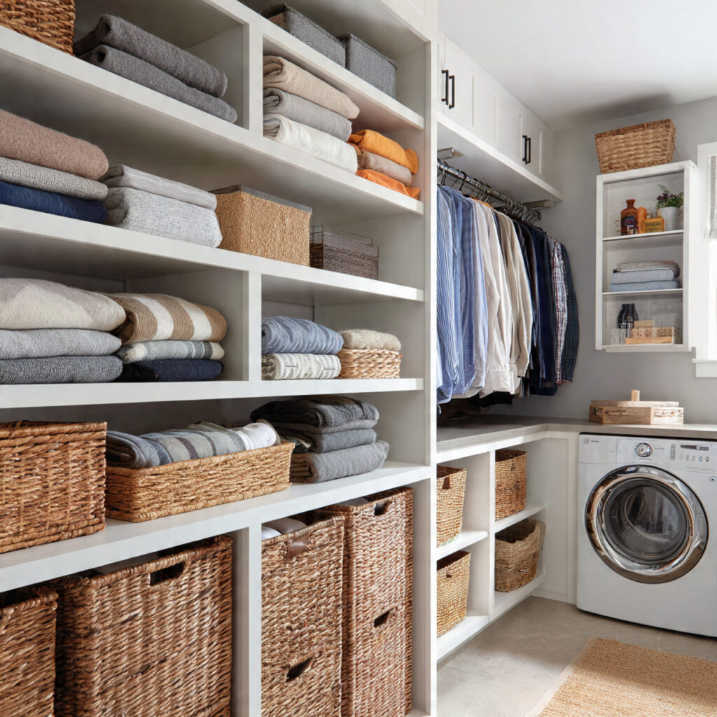 23 Creative Laundry Room Shelves to Maximize Space and Style 12 Shelves with Built-in Hampers