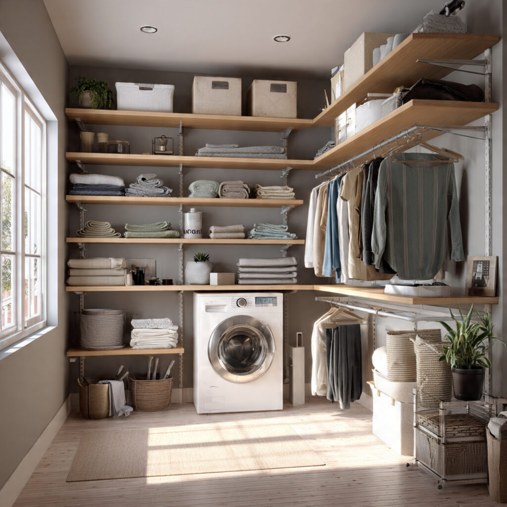 23 Creative Laundry Room Shelves to Maximize Space and Style 23 Shelves with Integrated Rods for Hanging