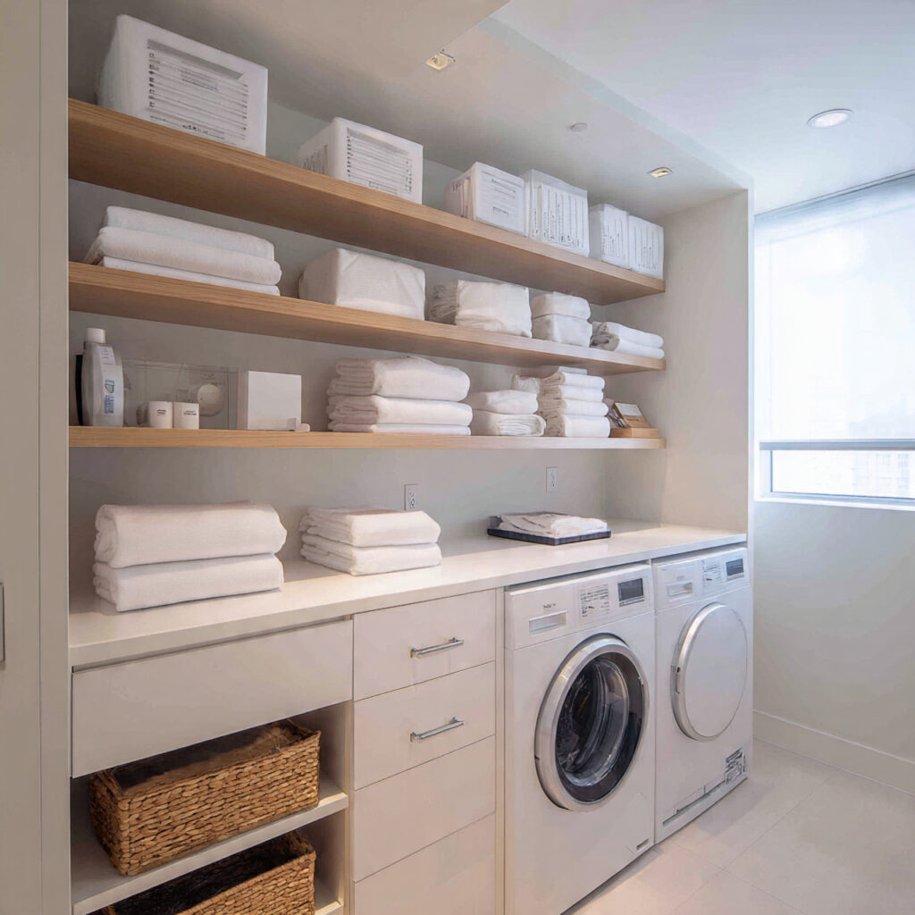 23 Creative Laundry Room Shelves to Maximize Space and Style 18 Shelves with Pull-out Drawers