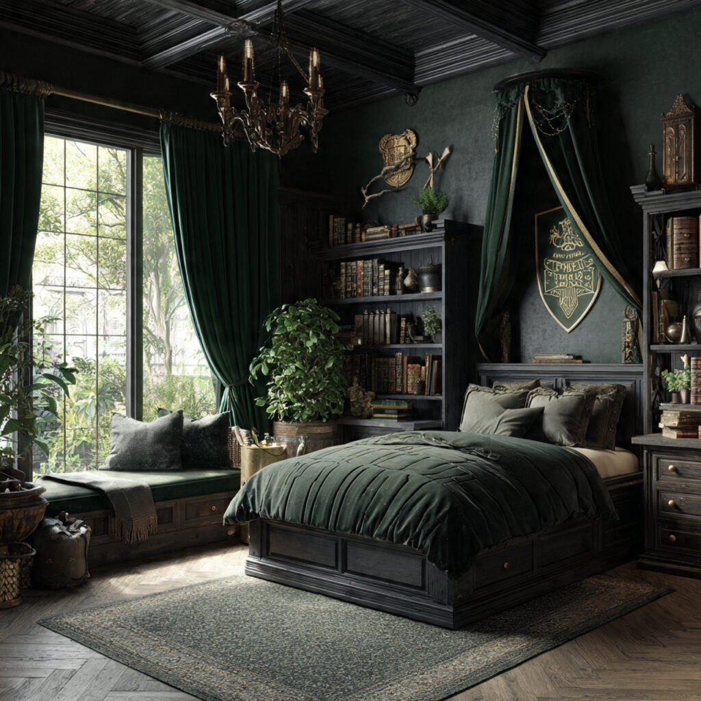 22 Enchanting Harry Potter Bedroom Designs You’ll Love 2 Slytherin-Themed Bedroom