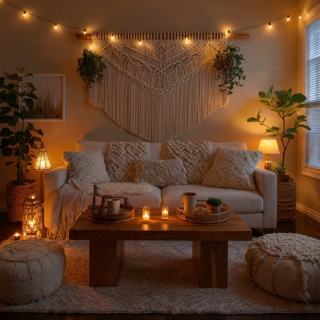 24 Boho Living Room Ideas for a Cozy, Stylish & Creative Home Space 9 Soft Ambient Lighting for Cozy Evenings