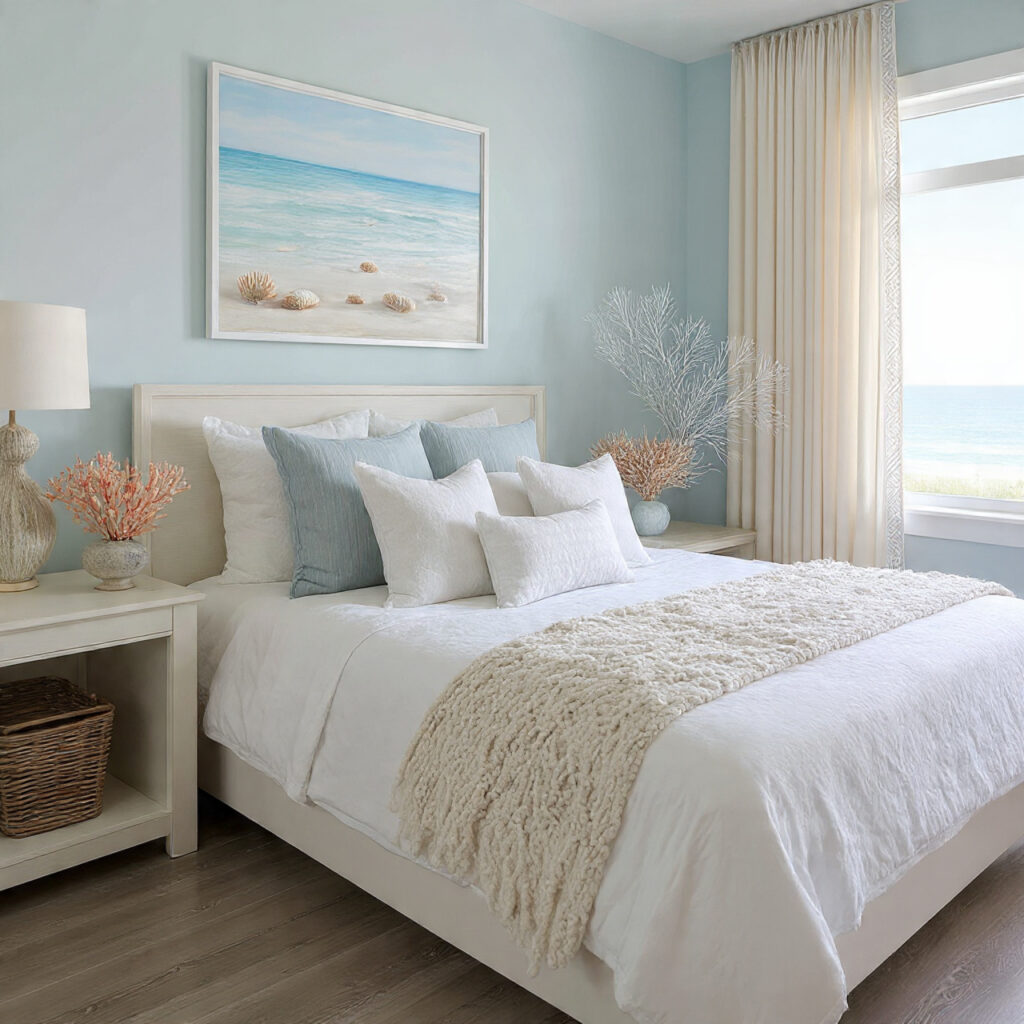 25 Beachy Bedroom Ideas to Create a Calm, Coastal Escape at Home 21 Soft Blue Accent Wall