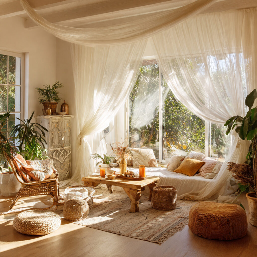 24 Boho Living Room Ideas for a Cozy, Stylish & Creative Home Space 23 Soft Drapes and Airy Curtains