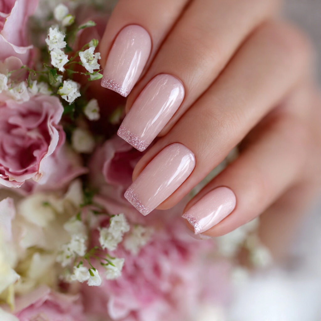 22 Perfect Pink Wedding Nail Ideas for Your Big Day 11 Soft Pink with Glitter Tips
