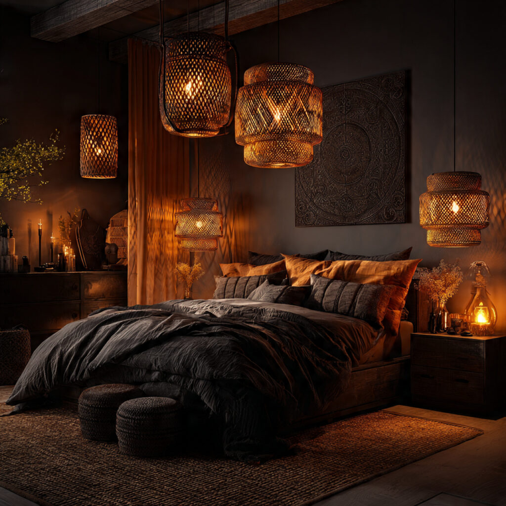 25 Dark Boho Bedroom Ideas for a Cozy, Moody & Stylish Retreat 3 Statement Lighting
