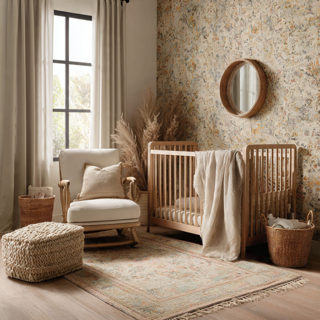25 Boho Nursery Inspiration: Create a Calm, Stylish Baby Room You’ll Love 16 Statement Wallpaper