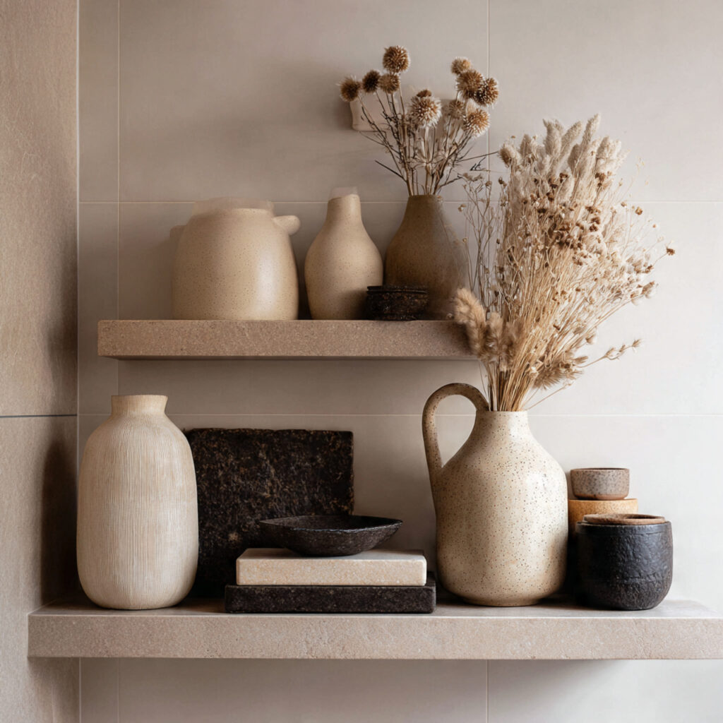 25 Bathroom Shelf Decor Ideas to Refresh Your Space Instantly 17 Stone and Ceramic Accents