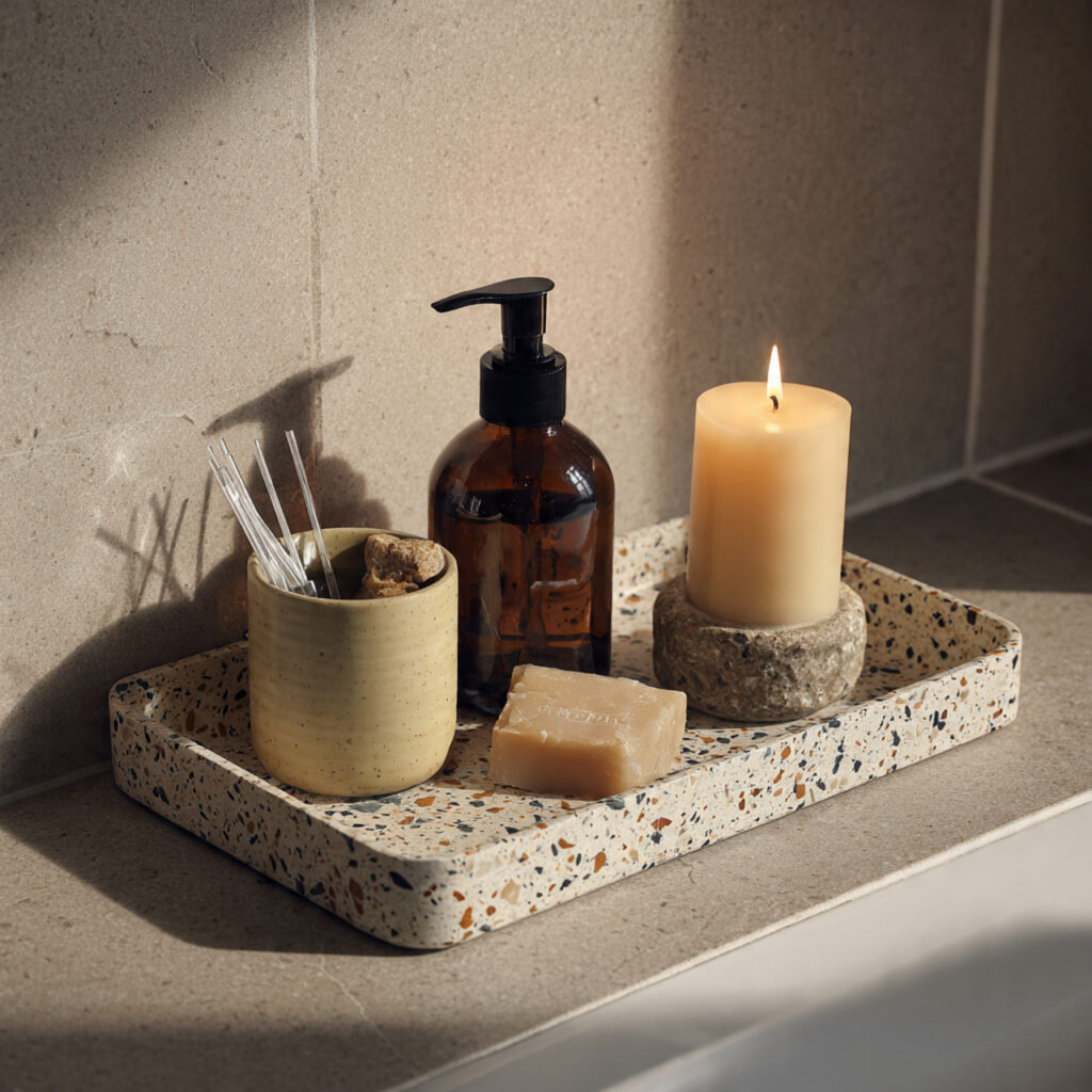 25 Best Bathroom Tray Decor Ideas to Instantly Transform Your Space 16 Stone or Terrazzo Tray for Trendy Texture