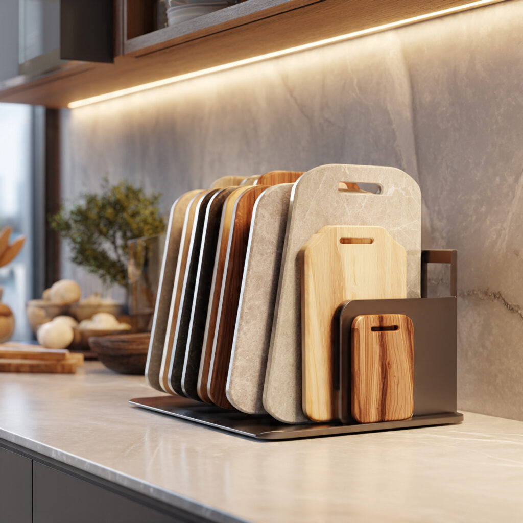 25 Smart Kitchen Counter Organization Ideas to Cut Clutter Fast 7 Store Cutting Boards Upright