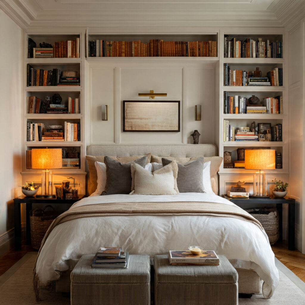 25 Stylish Bedroom Bookshelves Ideas to Transform Your Space Beautifully 7 Symmetrical Bedside Shelving