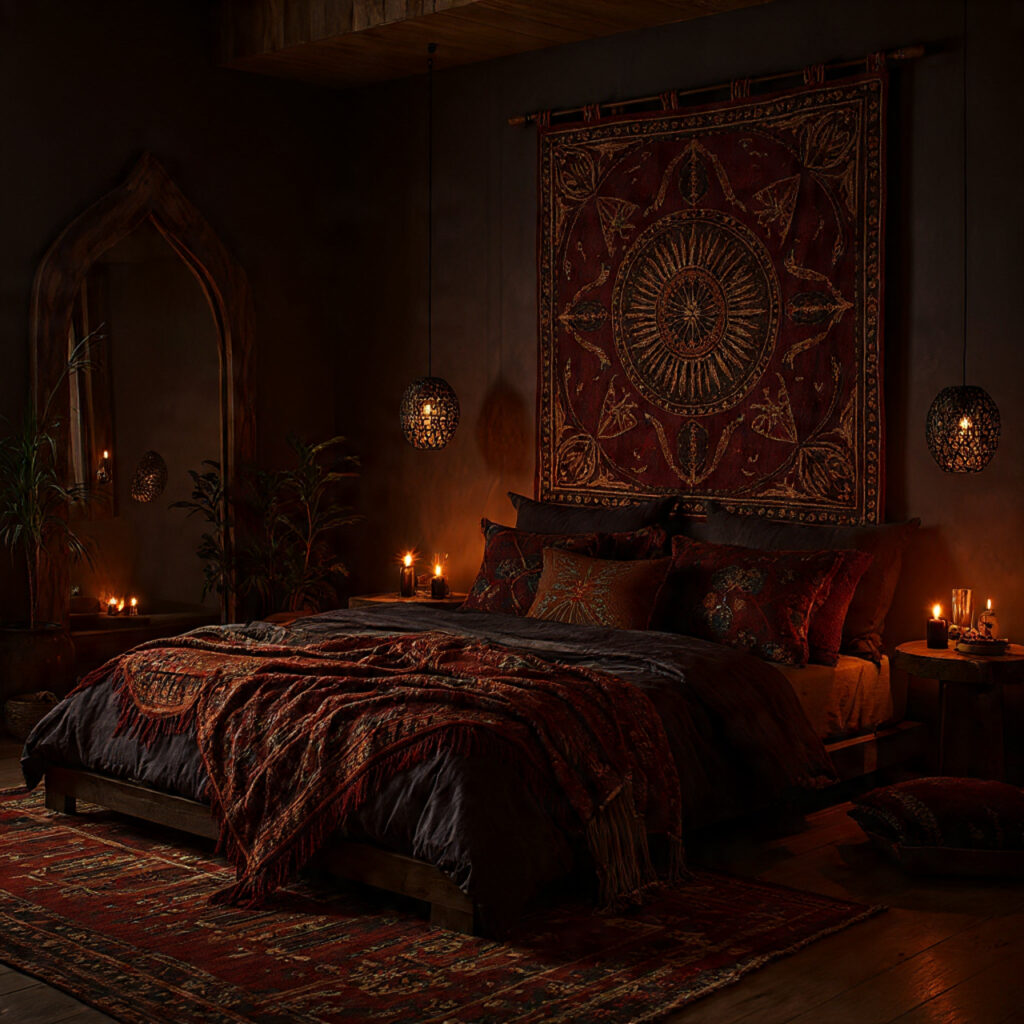 25 Dark Boho Bedroom Ideas for a Cozy, Moody & Stylish Retreat 17 Tapestry Accent Wall
