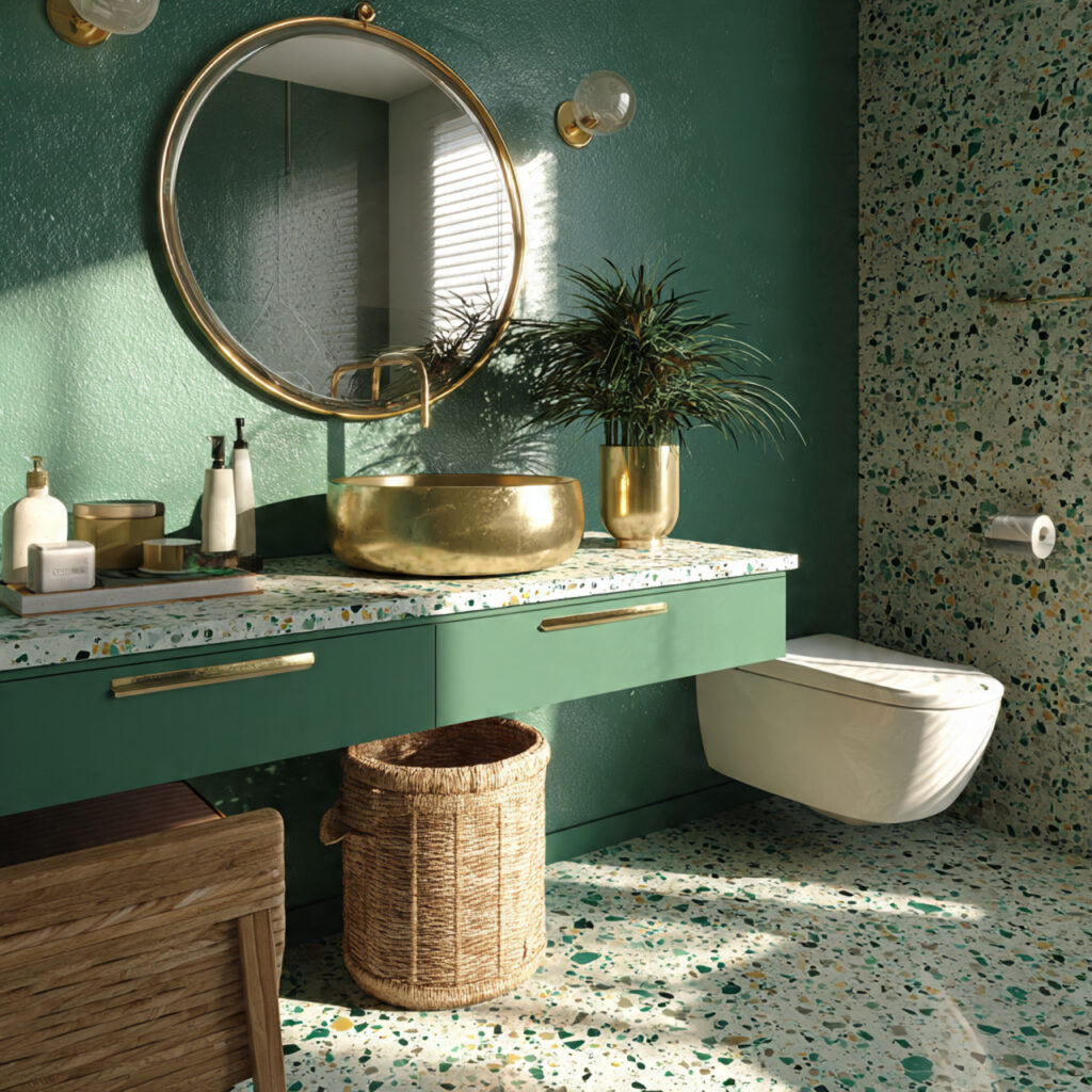 25 Stunning Emerald Green Bathroom Designs for a Luxe Refresh 23 Terrazzo Floors with Emerald Accents