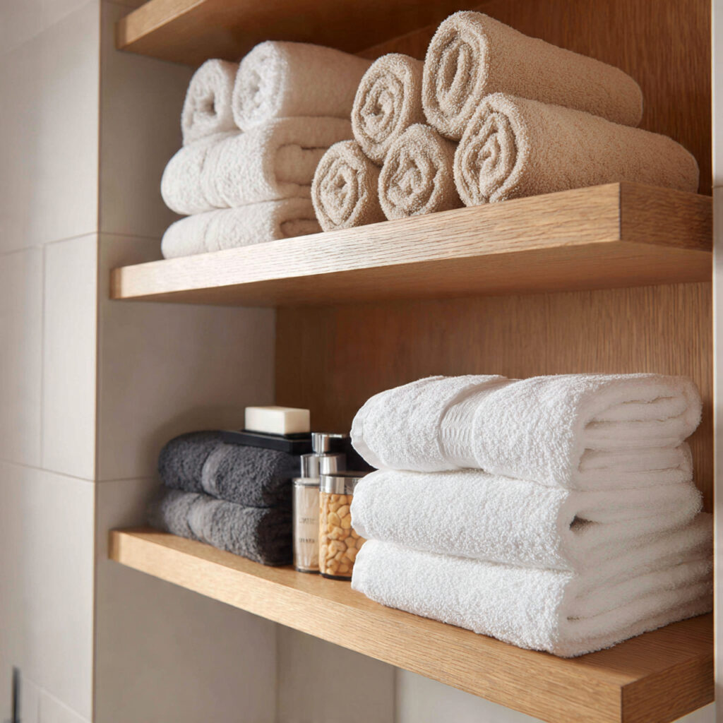 25 Bathroom Shelf Decor Ideas to Refresh Your Space Instantly 13 Towel Roll Display