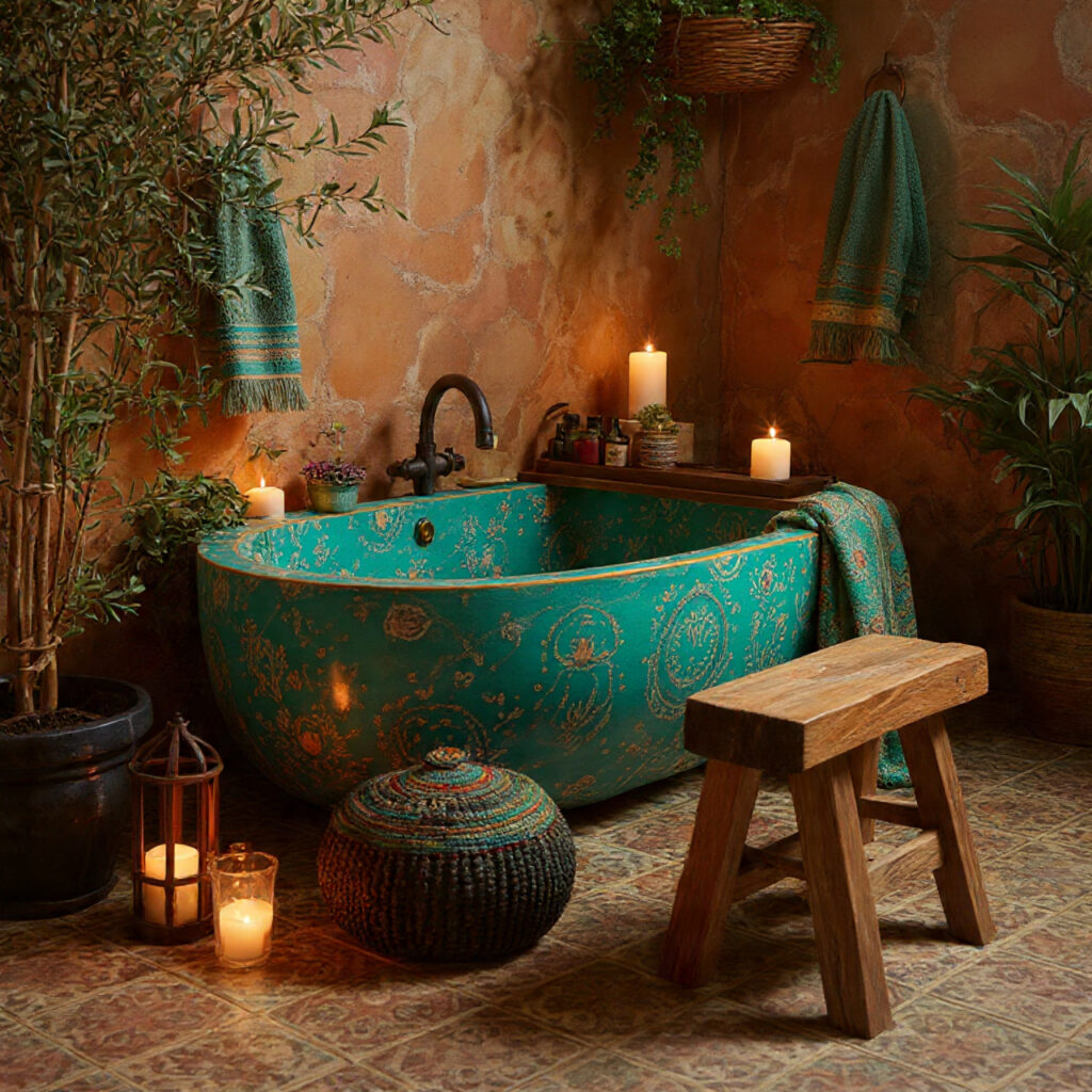 Create a Relaxed Boho Bathroom: 25 Inspiring Décor Ideas You’ll Love 20 Turquoise or Emerald Accents